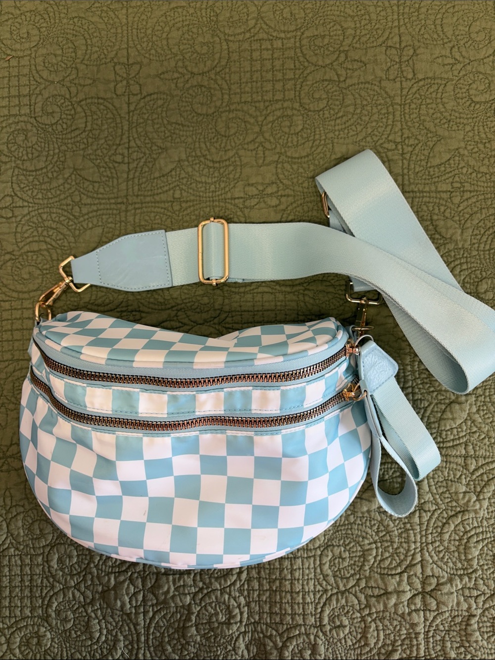 Light Blue & White Checkered Crossbody Belt Bag multi carry lightweight